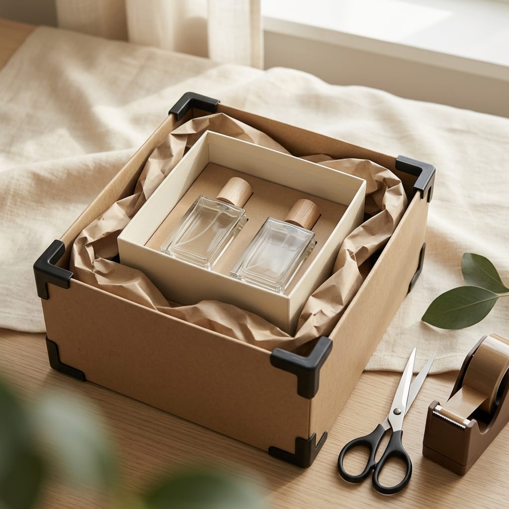 Bezpieczne pakowanie w karton z wypełniaczem — transport prezentu z perfumami, nie scena z luksusowego unboxing.